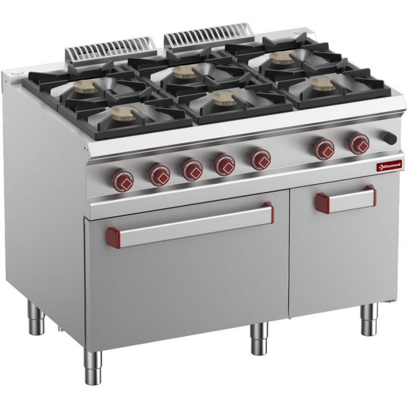 Fourneau 6 feux vifs, four gaz GN 2/1, armoire neutre Optima 700