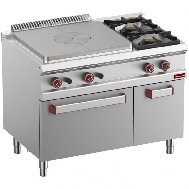 Fourneau taque coup de feu, 2 feux gaz, four GN 2/1, armoire GN1/1 Optima 700