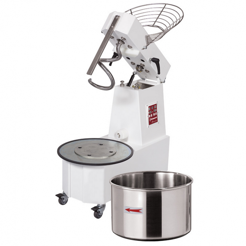Pétrin à spirale 53 litres tête relevable, cuve amovible, 2 vitesses, timer, sur roues