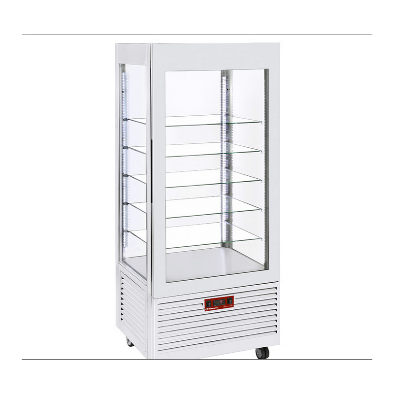Vitrine 4 faces T° négative , 5 étagères en verre , ventilée, 480 Lit, BLANCHE