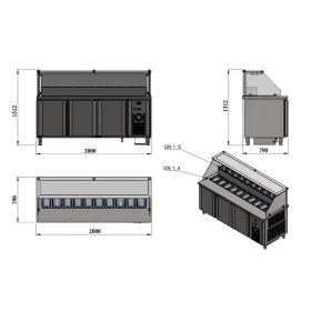 Vitrine de présentation / 2000 mm (refroidissement par ventilateur) Avec espace pompe à sauce